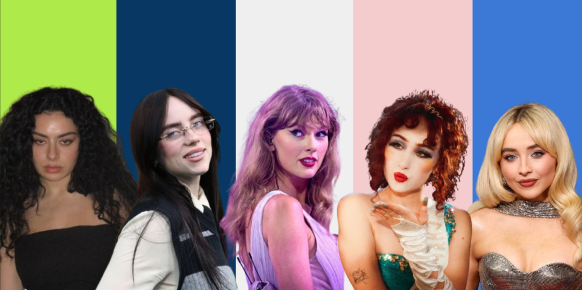 Some of the pop girls potentially up for Grammys this year (from left to right: Taylor Swift, Sabrina Carpenter, Charli XCX, Chappell Roan, Billie Eilish) (Beyoncé and Ariana Grande not pictured)